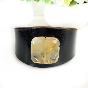 MishaGirl Handmade Black Leather Cuff Bracelet: Square Stone Bead, Adjustable